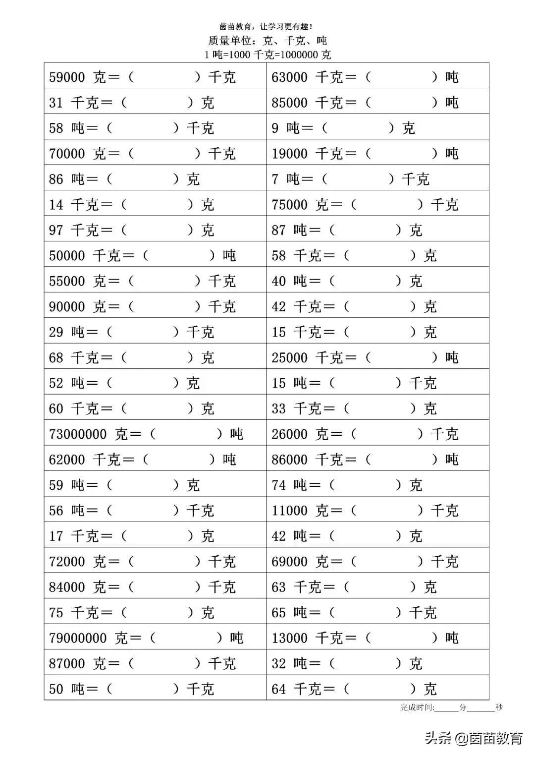 质量单位：克、千克、吨的换算