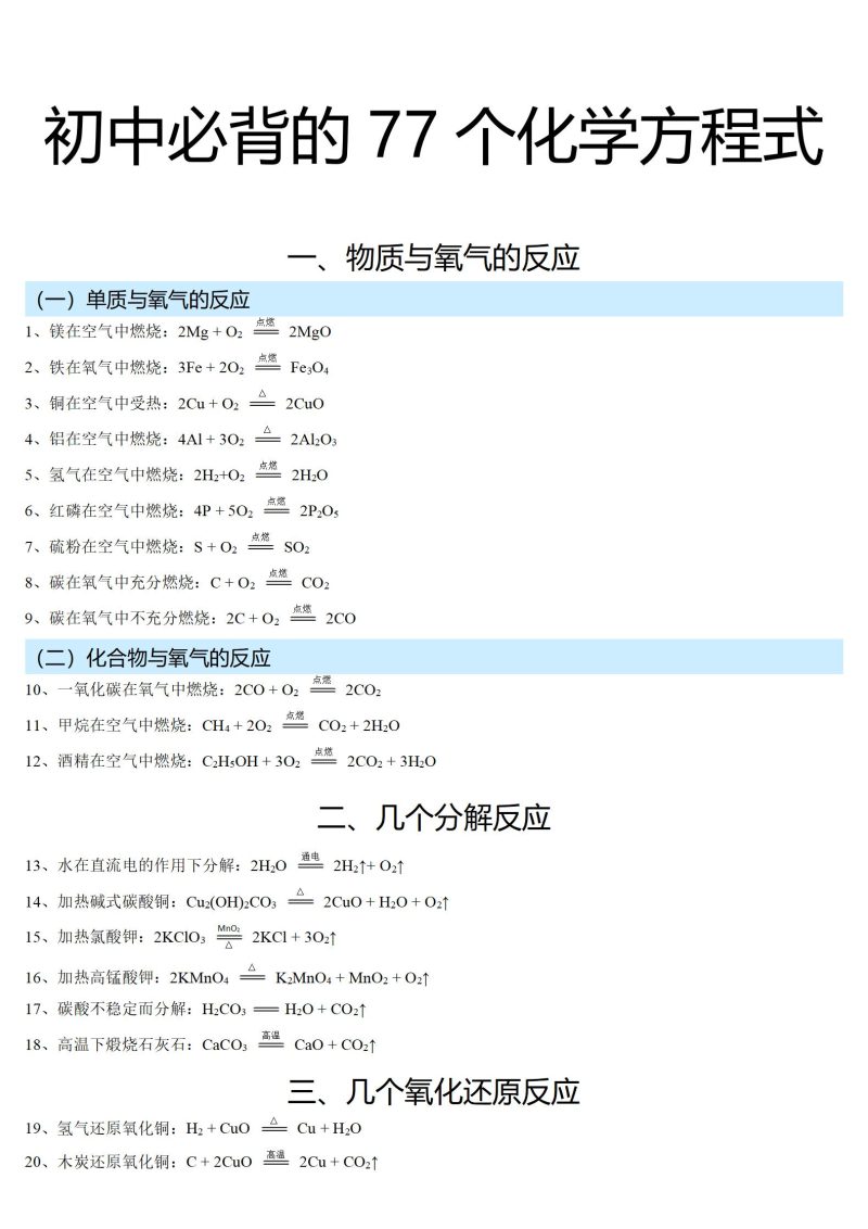 初中化学方程式（初中必背的77个化学方程式）-1